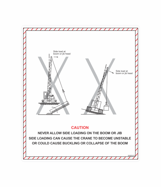 SSEE072 - CAUTION NEVER ALLOW SIDE LOADING ON THE BOOM OR JIB SIDE LOADING CAN CAUSE CRANE TO BECOME UNSTABLE OR COULD CAUSE BUCKLING OR COLLAPSE OF THE BOOM SAFETY STICKER