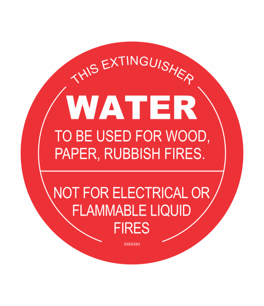 SSEE083 - THIS EXTINGUISHER WATER TO BE USED FOR WOOD, PAPER, RUBBISH FIRES. NOT FOR ELECTRICAL OR FLAMMABLE LIQUID FIRES SAFETY STICKER