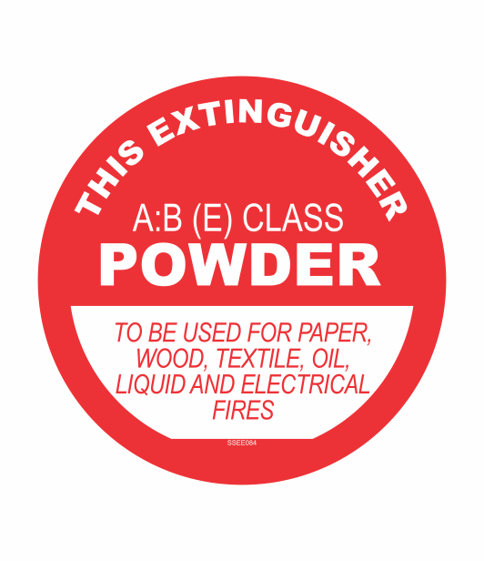 SSEE084 - THIS EXTINGUISHER A:B (E) CLASS POWDER TO BE USED FOR PAPER, WOOD, TEXTILE, OIL, LIQUID AND ELECTRICAL FIRES SAFETY STICKER