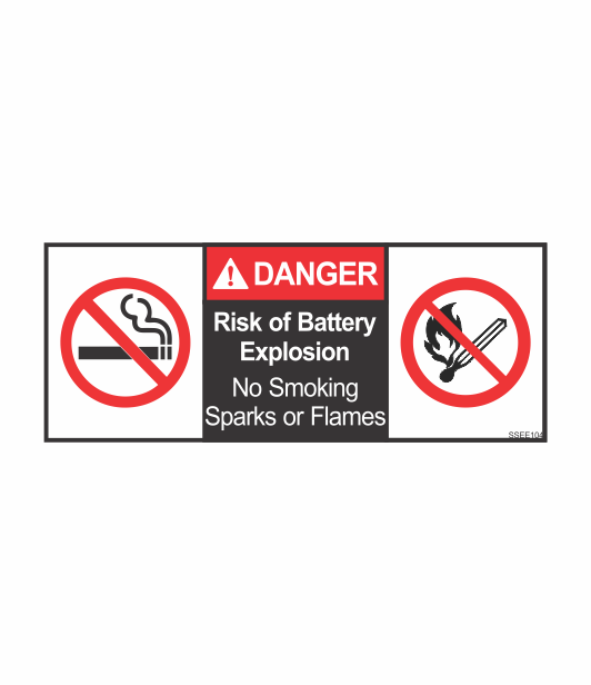 SSEE104 - DANGER RISK OF BATTERY EXPLOSION NO SMOKING SPARKS OR FLAMES SAFETY STICKER