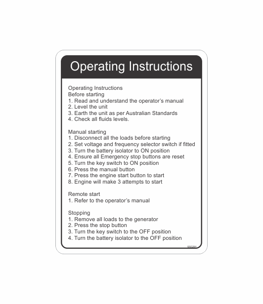 SSG291 - GENERATOR OPERATING INSTRUCTIONS